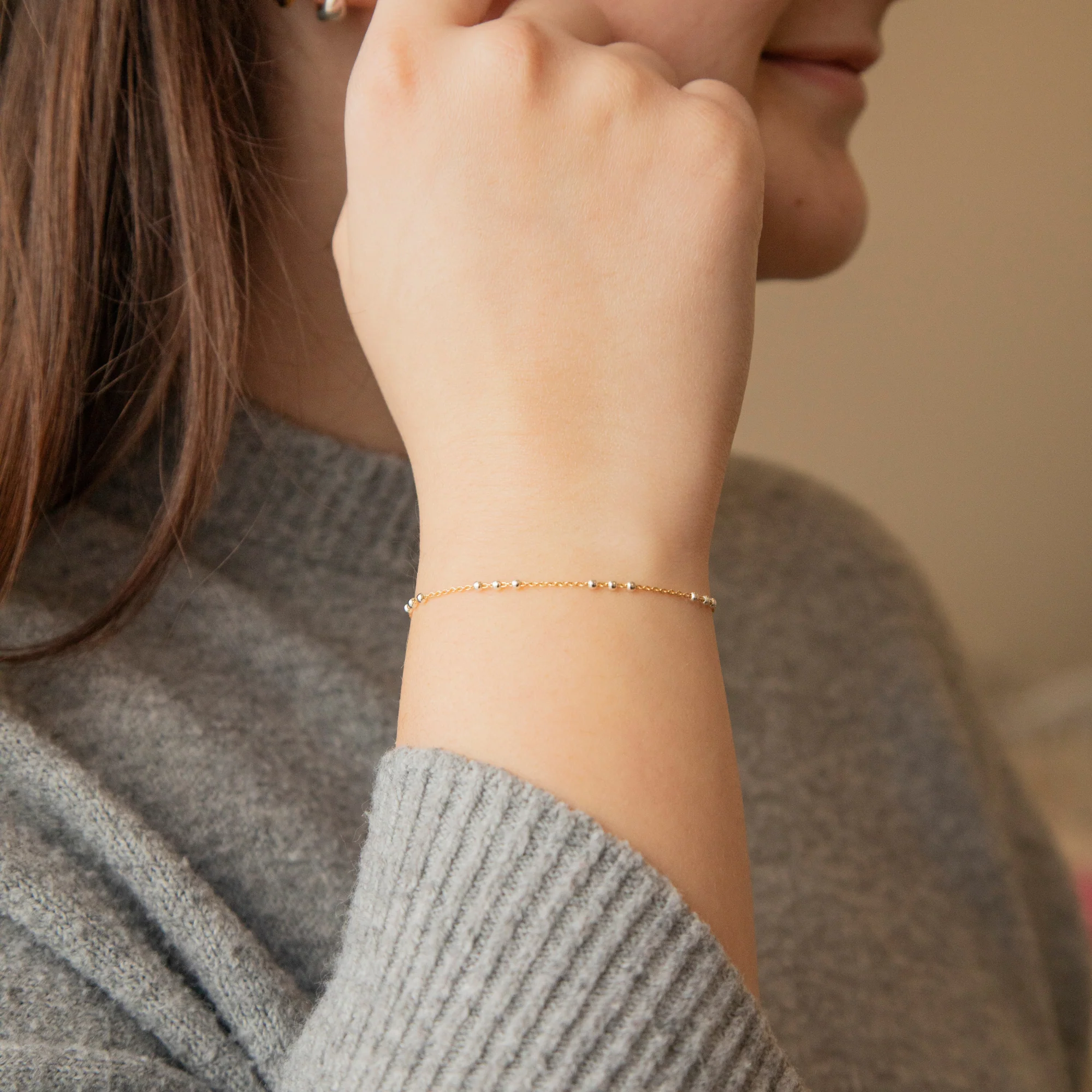 Chelsea Permanent Jewelry Chain, Cable Satellite Design with 2mm Silver Beads, Available in Yellow Gold-Filled - Image 2